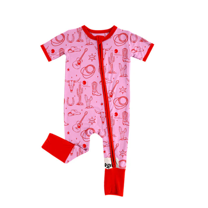 Preorder (moq 8)Baby Girls Bull Skulls Boots Cactus Western Zipper Footie Rompers 9.13