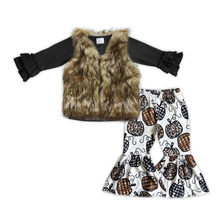 Baby Girls Clothes Black Shirt Leopard Pumpkin Brown Fur Vest 3pcs Pants Sets GLP0878