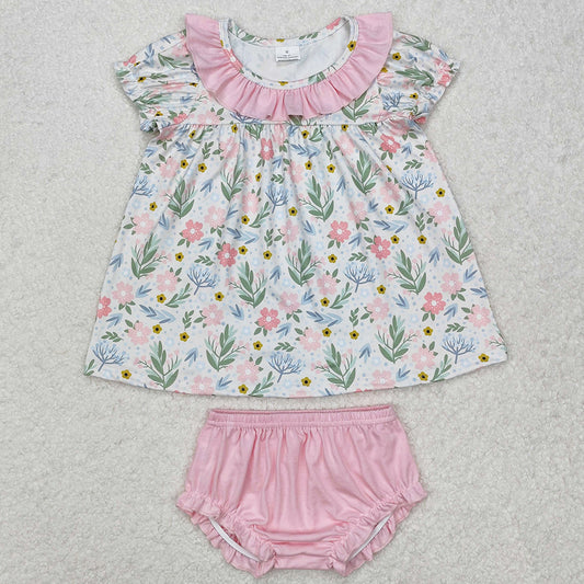 Baby Girls Clothes Pink Flowers Ruffle Tunic Top Bummies Shorts Sets GBO0449