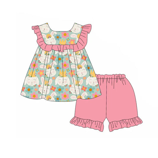 Preorder(moq 5) Baby Girls Rabbits Flowers Tunic Ruffle Shorts Easter Clothes Sets 11.18