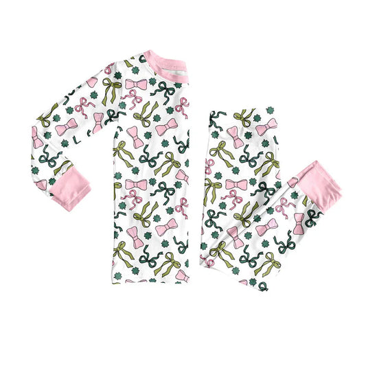 Preorder(moq 5) Baby Girls Bows Clovers Checked Top Pants St Patrick Pajamas Sets 10.9
