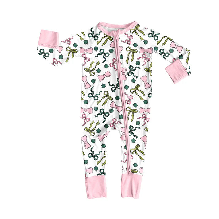 Preorder (moq 5)Baby Girls Bows Clovers Checked St Patrick Zipper Footie Rompers 10.9