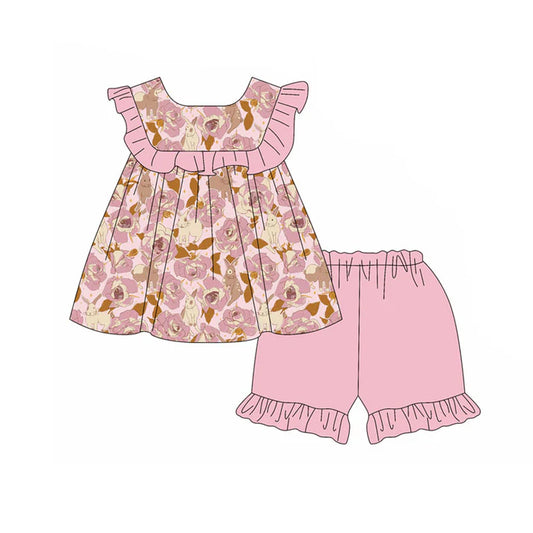Preorder(moq 5) Baby Girls Rabbits Flowers Tunic Ruffle Shorts Easter Clothes Sets 11.18