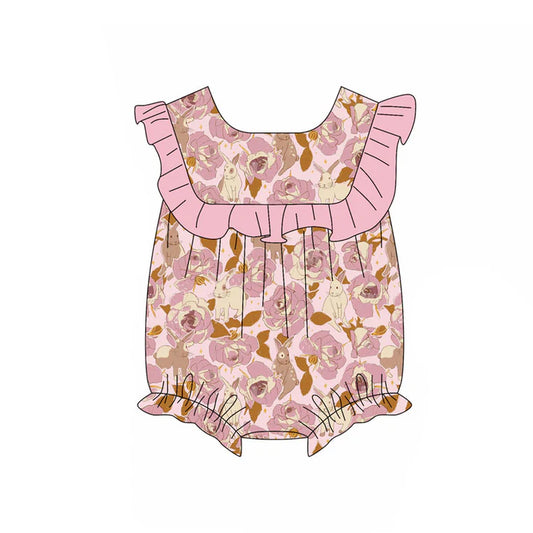 Preorder (moq 5)Baby Girls Rabbits Flowers Easter Ruffle Rompers 11.18