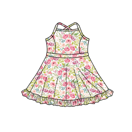 Preorder (moq 5)Baby Girls Strap Colorful Flowers Ruffle Shorts Knee Length Dresses 11.27