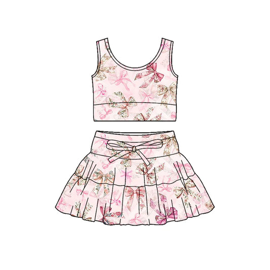 Preorder (moq 5)Baby Girls Pink Flowers Bows Vest Top Ruffle Skirt Short Clothes Sets 1.9