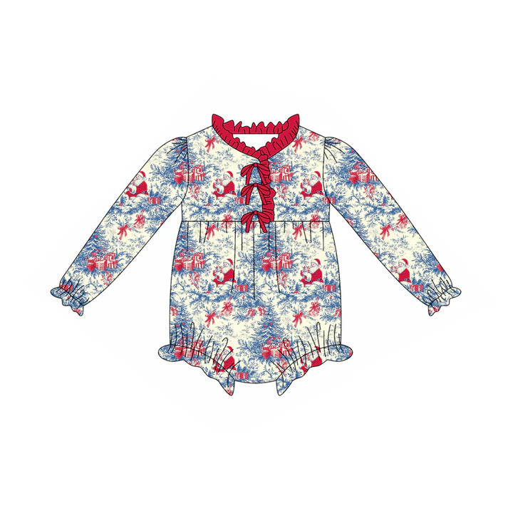 Preorder(moq 5)Baby Girls Red Santa Floral Plaid Button Ruffle Rompers 7.26