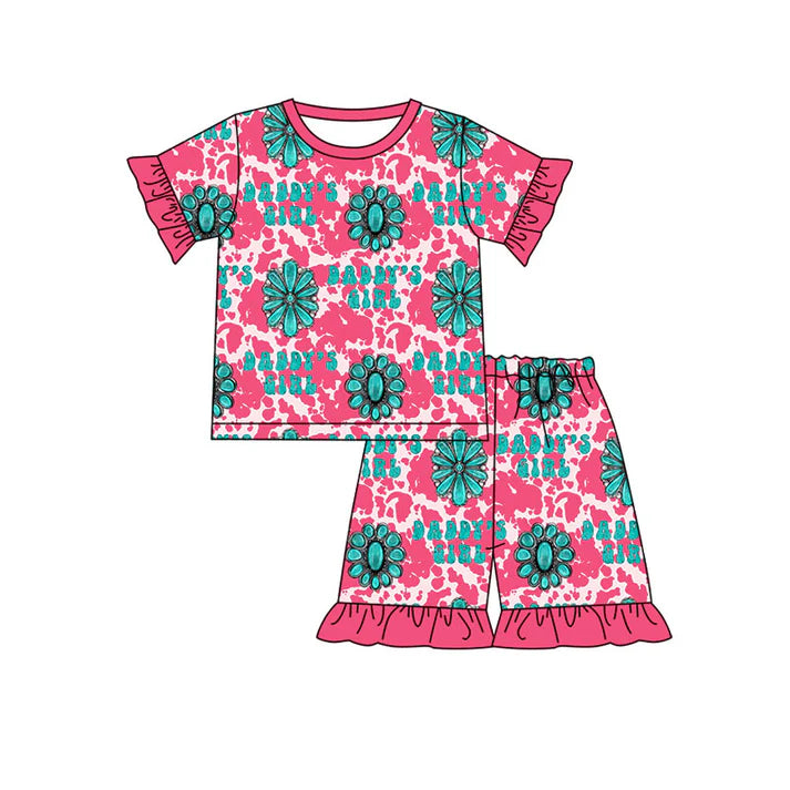 Preorder (moq 5)Baby Mama's Girl Turquoises Cow Print Top Ruffle Shorts Western Pajamas Sets 11.25