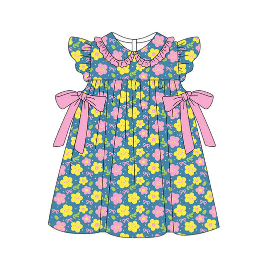 Preorder(moq 5) Baby Girls Pink Yellow Flower Bows Ruffle Collar Knee Length Dresses 11.18