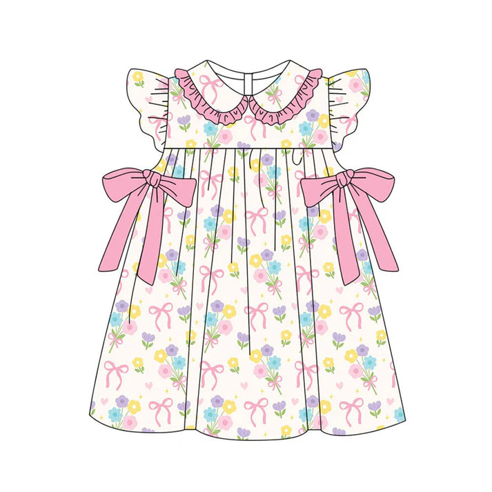 Preorder(moq 5) Baby Girls Colorful Flower Bows Ruffle Collar Knee Length Dresses 11.18