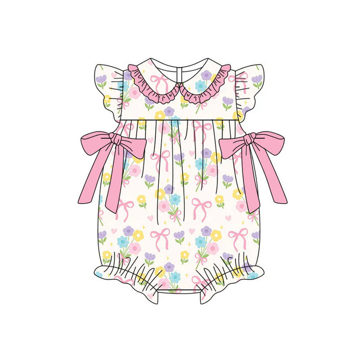 Preorder (moq 5)Baby Girls Colorful Flower Bows Ruffle Collar Rompers 11.18