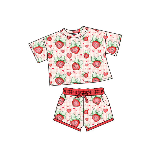 Preorder(moq 5) Baby Girls Hearts Strawberry Top Pockets Shorts Valentine Clothes Sets 10.15