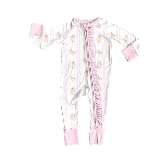 Preorder (moq 5)Baby Girls Hearts Ducks Dogs Valentine Ruffle Zipper Footie Rompers 10.9