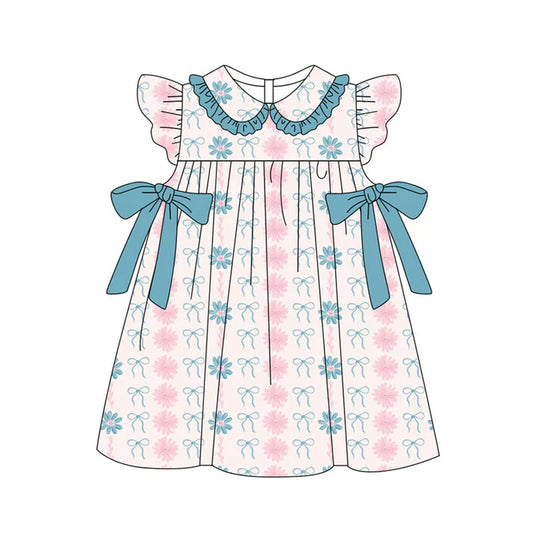 Preorder(moq 5) Baby Girls Daisy Flower Bows Stripe Ruffle Collar Knee Length Dresses 11.18