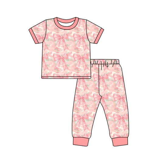 Preorder (moq 5)Baby Boys Pink Short Sleeves Camo Bows Top Pant Pajamas Sets 6.10