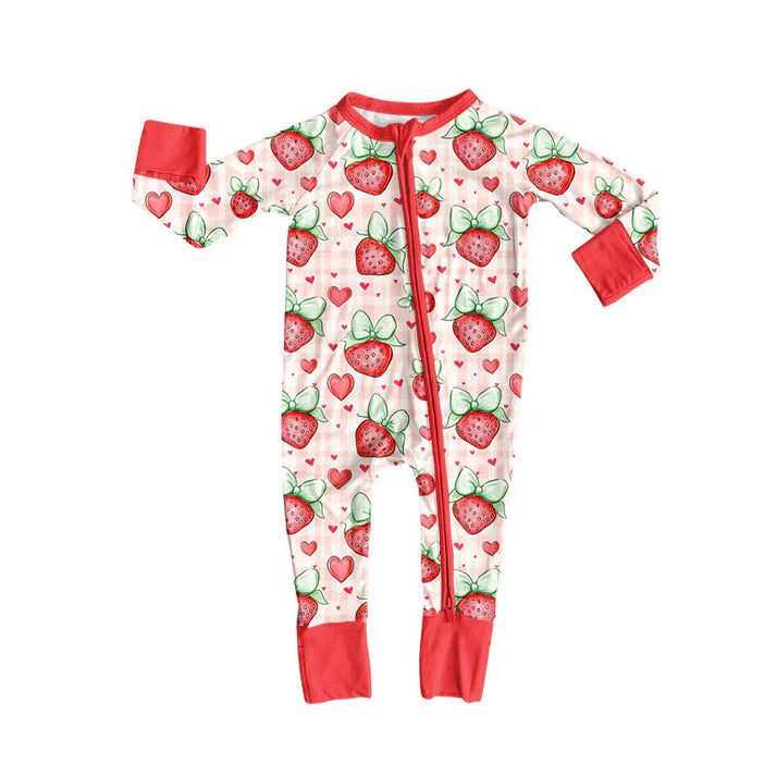 Preorder (moq 5)Baby Girls Hearts Strawberry Valentine Zipper Footie Rompers 10.15