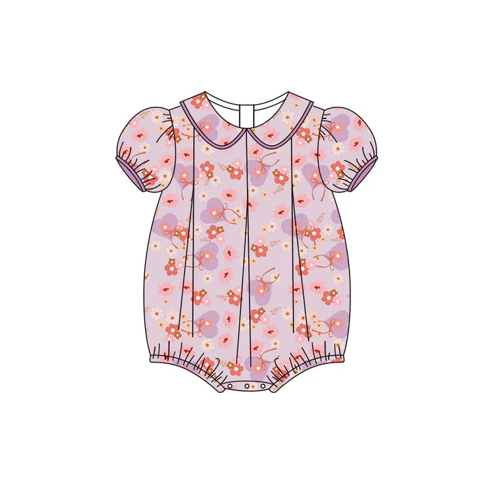 Preorder (moq 5)Baby Girls Lavender Short Ruffle Sleeves Hearts Flowers Rompers 4.26