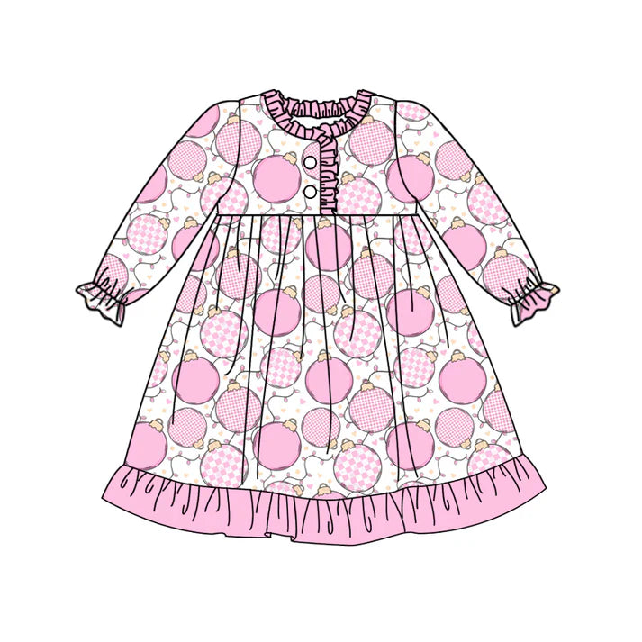 Preorder moq 5 Baby Girls Long Ruffle Sleeves Button Top Pink Bulbs Plaid Ruffle Knee Length Dresses 5.7