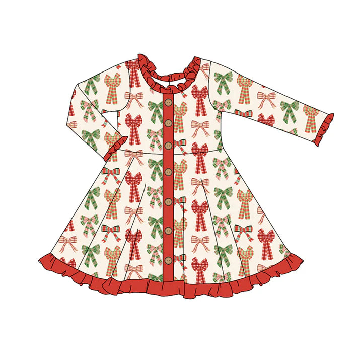 Preorder (moq 5)Baby Girls Long Sleeves Plaid Bows Button Ruffle Knee Length Dresses 5.29