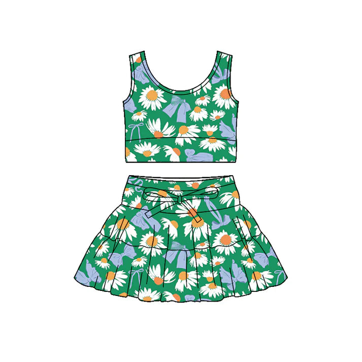 Preorder (moq 5)Baby Girls Bows Daisy Flowers Vest Top Ruffle Skirt Short Clothes Sets 1.9