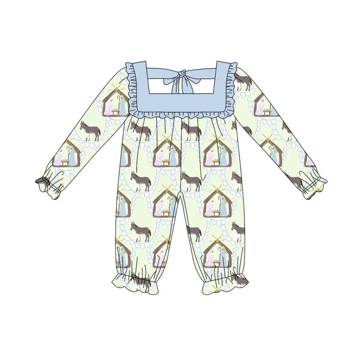 Preorder (moq 5)Baby Girls Long Ruffle Sleeves Donkey Jesus Rompers 5.19