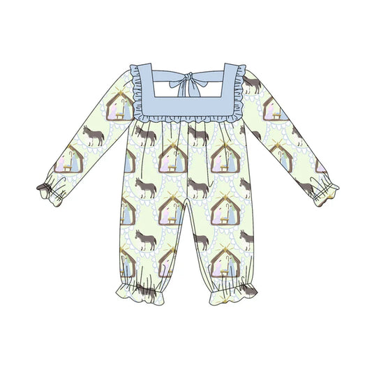 Preorder (moq 5)Baby Girls Long Ruffle Sleeves Donkey Jesus Rompers 5.19