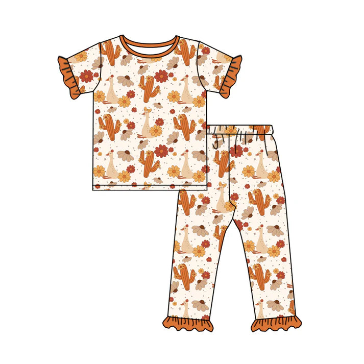 Preorder moq 5 Baby Girls Short Ruffle Sleeves Orange Flowers Cactus Top Pants Pajamas Set 5.8