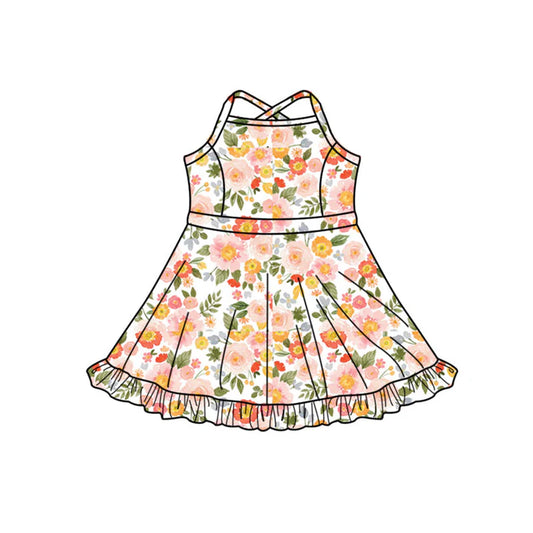 Preorder (moq 5)Baby Girls Strap Colorful Flowers Ruffle Shorts Knee Length Dresses 11.27