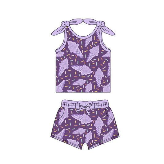 Preorder(moq 5) Baby Girls Purple Ice Cream Sprinkles Top Pockets Shorts Clothes Sets 11.18
