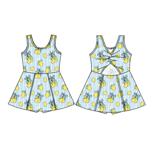 Preorder(moq 5) Baby Girls Blue Stripe Flowers Lemons Shorts Knee Length Dresses 11.18