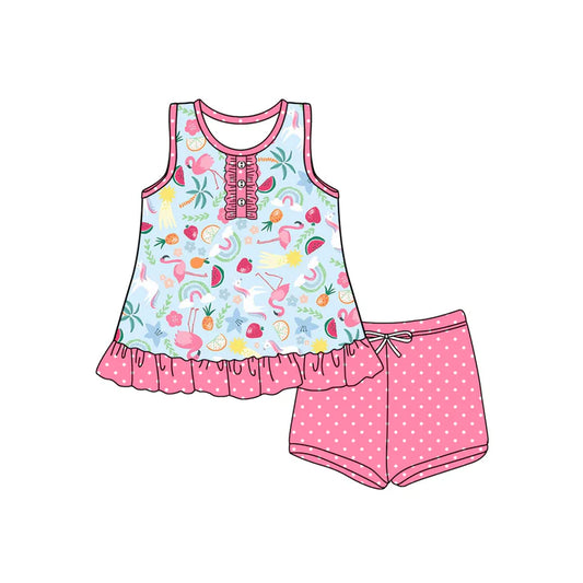 Preorder (moq 5)Baby Girls Pink Sleeveless Button Strawberry Flamingos Tunic Polka Dots Short Set 5.13