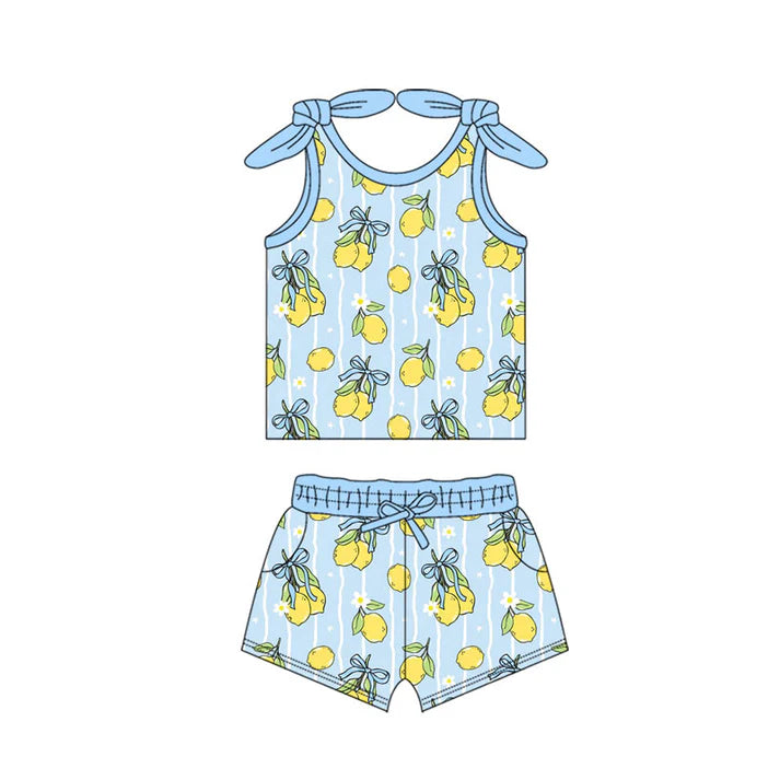 Preorder(moq 5) Baby Girls Blue Stripe Bows Lemons Top Pockets Shorts Clothes Sets 11.18