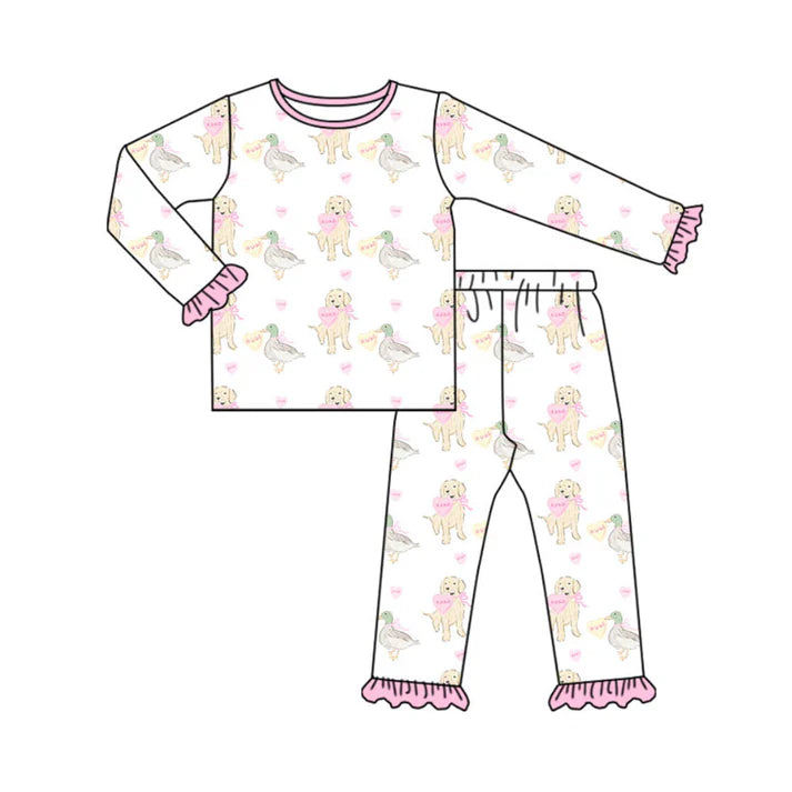 Preorder(moq 5) Baby Girls Hearts Ducks Dogs Top Ruffle Pants Valentine Pajamas Sets 10.30