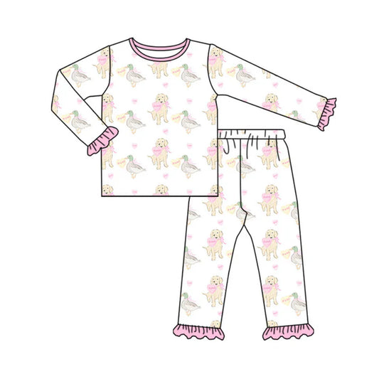 Preorder(moq 5) Baby Girls Hearts Ducks Dogs Top Ruffle Pants Valentine Pajamas Sets 10.30