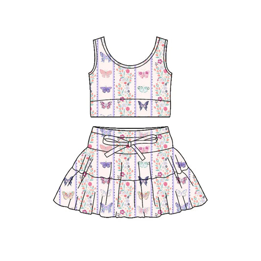 Preorder (moq 5)Baby Girls Colorful Butterfly Flowers Vest Top Ruffle Skirt Short Clothes Sets 1.9