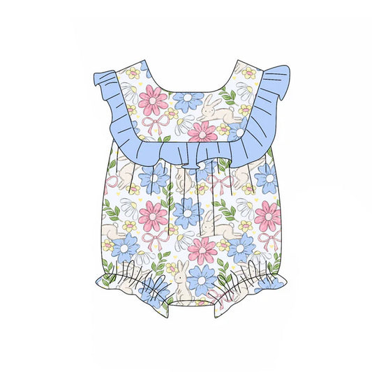 Preorder (moq 5)Baby Girls Rabbits Floral Bows Easter Ruffle Rompers 11.19