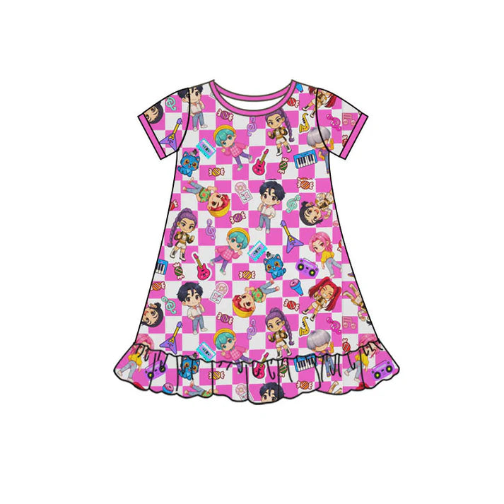 Preorder(moq 5) Baby Girls Short Sleeve Cartoon Girls Music Ruffle Knee Length Dresses 10.11