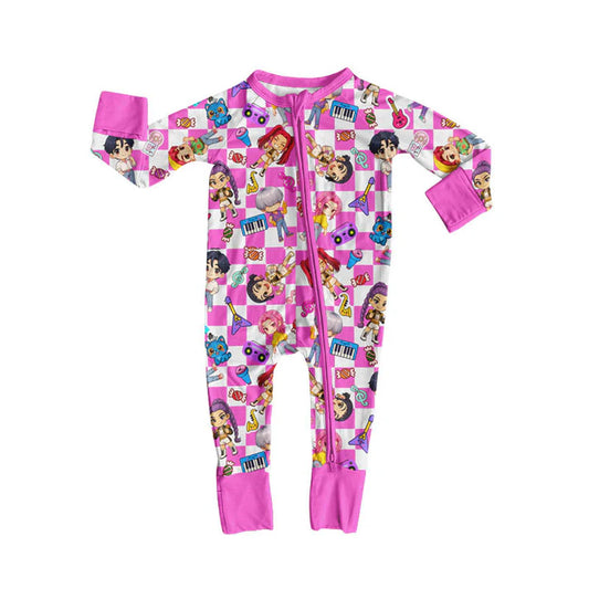 Preorder (moq 5)Baby Girls Pink Long Sleeve Cartoon Girls Music Zipper Footie Rompers 10.11