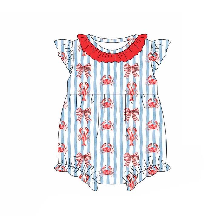 Preorder (moq 5)Baby Girls Flutter Sleeve Blue Stripe Crayfishe Crab Ruffle Collar Rompers 11.13