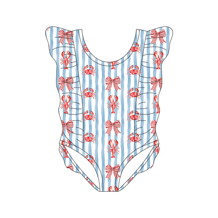 Preorder(moq 5) Baby Girls Blue Stripe Bows Crabs Crayfishes Ruffle Swimsuits 11.13