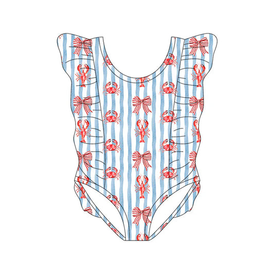 Preorder(moq 5) Baby Girls Blue Stripe Bows Crabs Crayfishes Ruffle Swimsuits 11.13