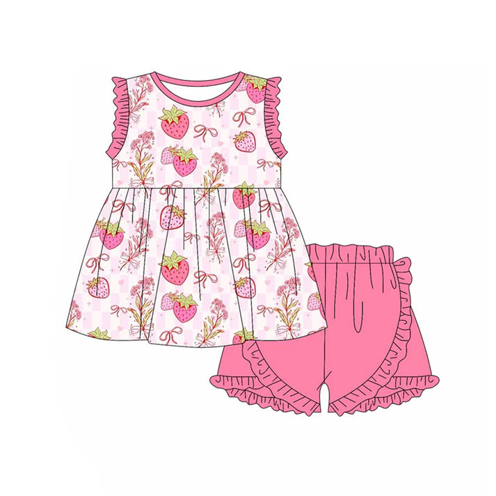 Preorder(moq 5) Baby Girls Pink Checked Strawberry Bows Tunic Ruffle Shorts Clothes Sets 11.13