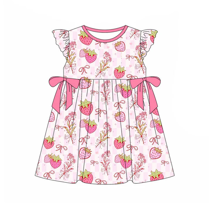 Preorder(moq 5) Baby Girls Pink Checked Strawberry Bows Knee Length Dresses 11.13
