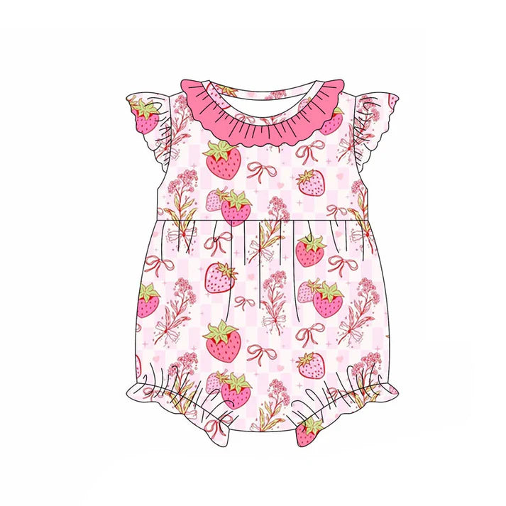 Preorder (moq 5)Baby Girls Flutter Sleeve Bows Strawberry Checked Ruffle Collar Rompers 11.13