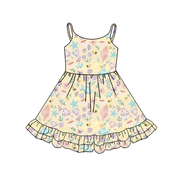 Preorder(moq 5) Baby Girls Strap Fishes Flowers Ruffle Knee Length Dresses 11.13