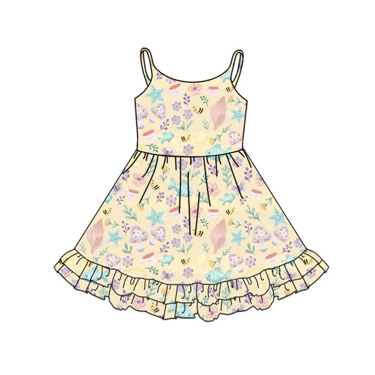 Preorder(moq 5) Baby Girls Strap Fishes Flowers Ruffle Knee Length Dresses 11.13