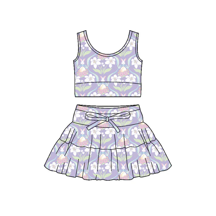 Preorder (moq 5)Baby Girls Flower Rabbits Vests Ruffle Skirt Short Easter Clothes Sets 1.9