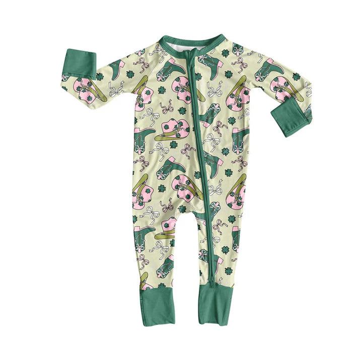 Preorder (moq 5)Baby Girls Clovers Boots Hats St Patrick Western Zipper Footie Rompers 10.9