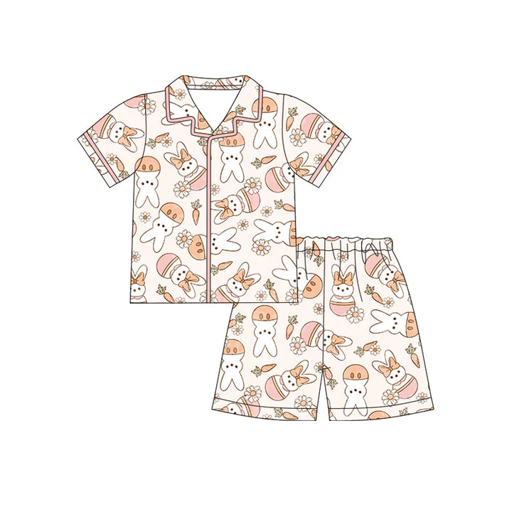 Preorder (moq 5)Baby Girls Rabbits Carrots Flowers Button Top Shorts Easter Pajamas Sets 12.13