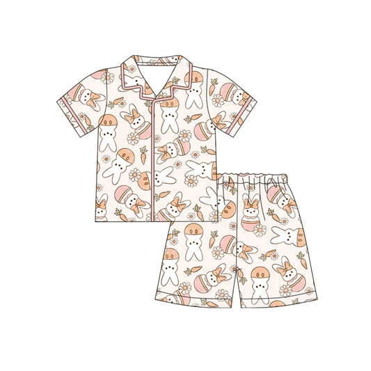Preorder (moq 5)Baby Girls Rabbits Carrots Flowers Button Top Shorts Easter Pajamas Sets 12.13